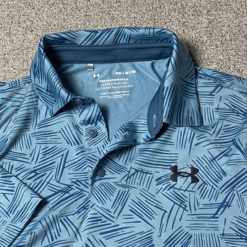 Under Armour Polo Mens Medium The Playoff Polo Blue Geometric Short Sleeve